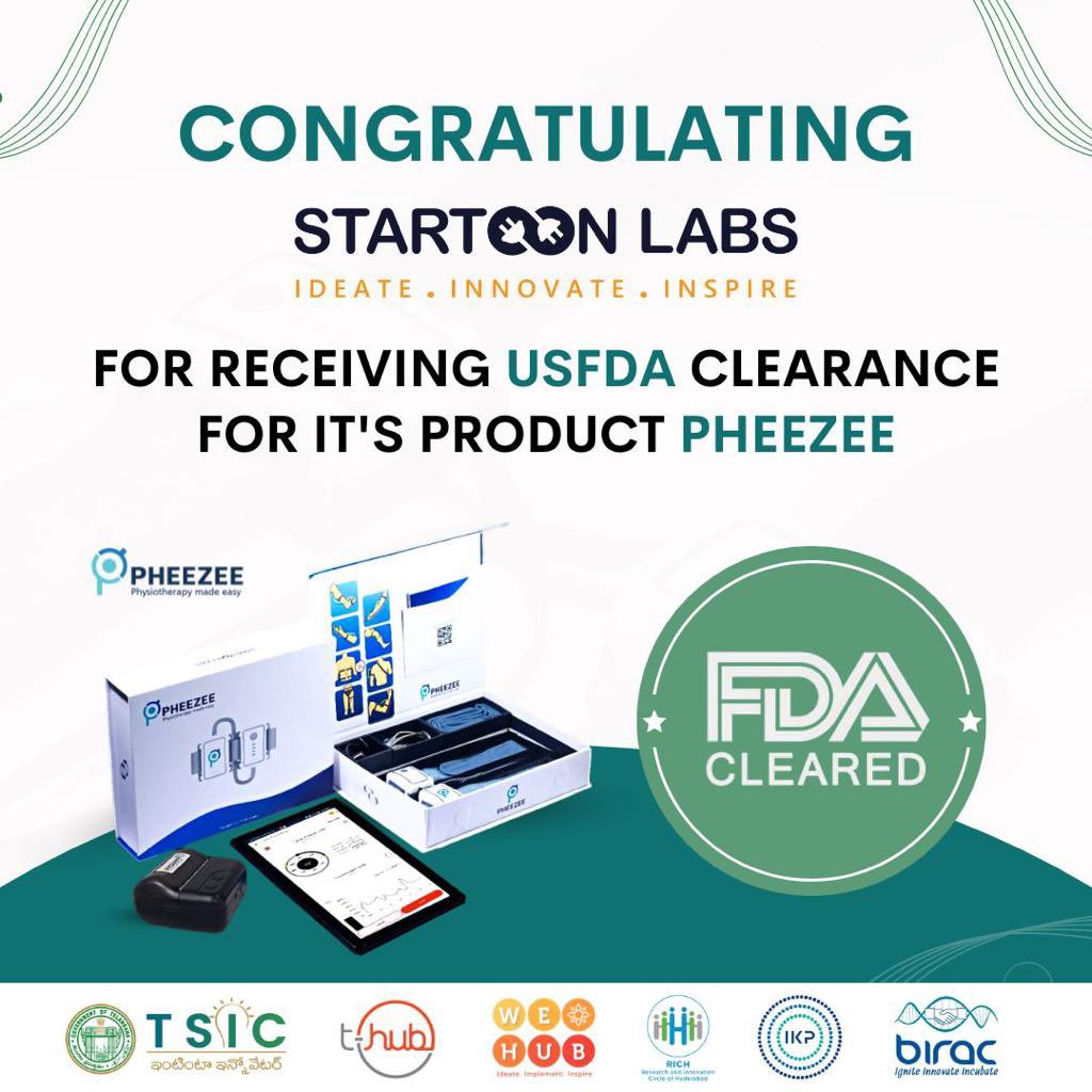 teamTGIC's tweet photo. TSIC congratulates @startoonlabs, a Hyderabad based #MedTech startup, for receiving @US_FDA clearance for its wearable physiotherapy device PHEEZEE

Startoon Labs has been innovating in the space of medical devices in #Telangana

@KTRBRS @jayesh_ranjan @DrShantaThoutam https://t.co/5Hl3m9ZY8t