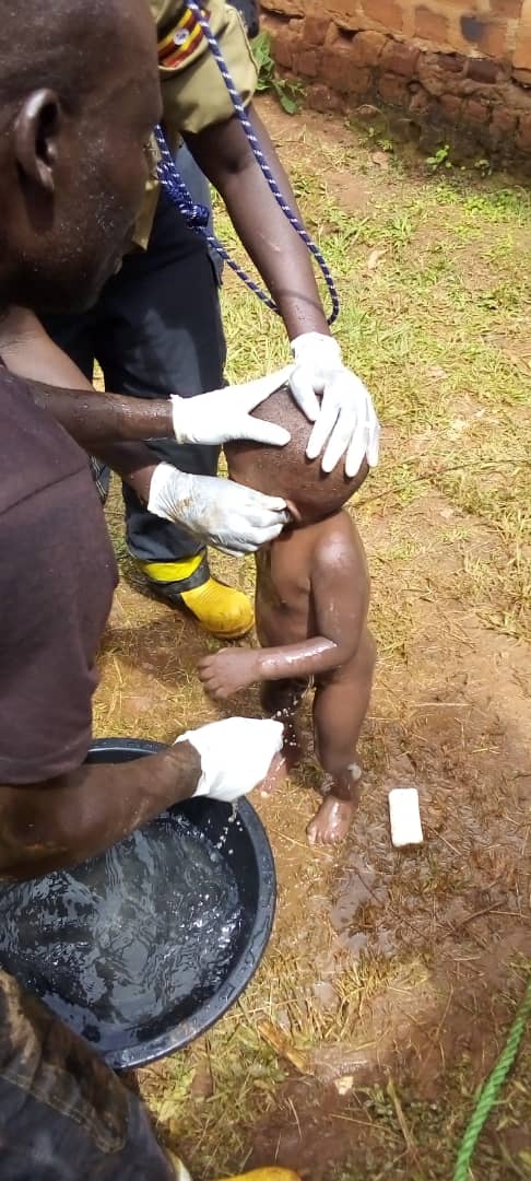 Statement on child rescued alive from pit latrine . 

On 29th April 2023, at 12:31 PM, the territorial Police at Lubowa  received a report from Mukooza Micheal, a 60-year-old male, who reported that his neighbor's 2-year-old child, named Mukisa Simon, had fallen into a pit