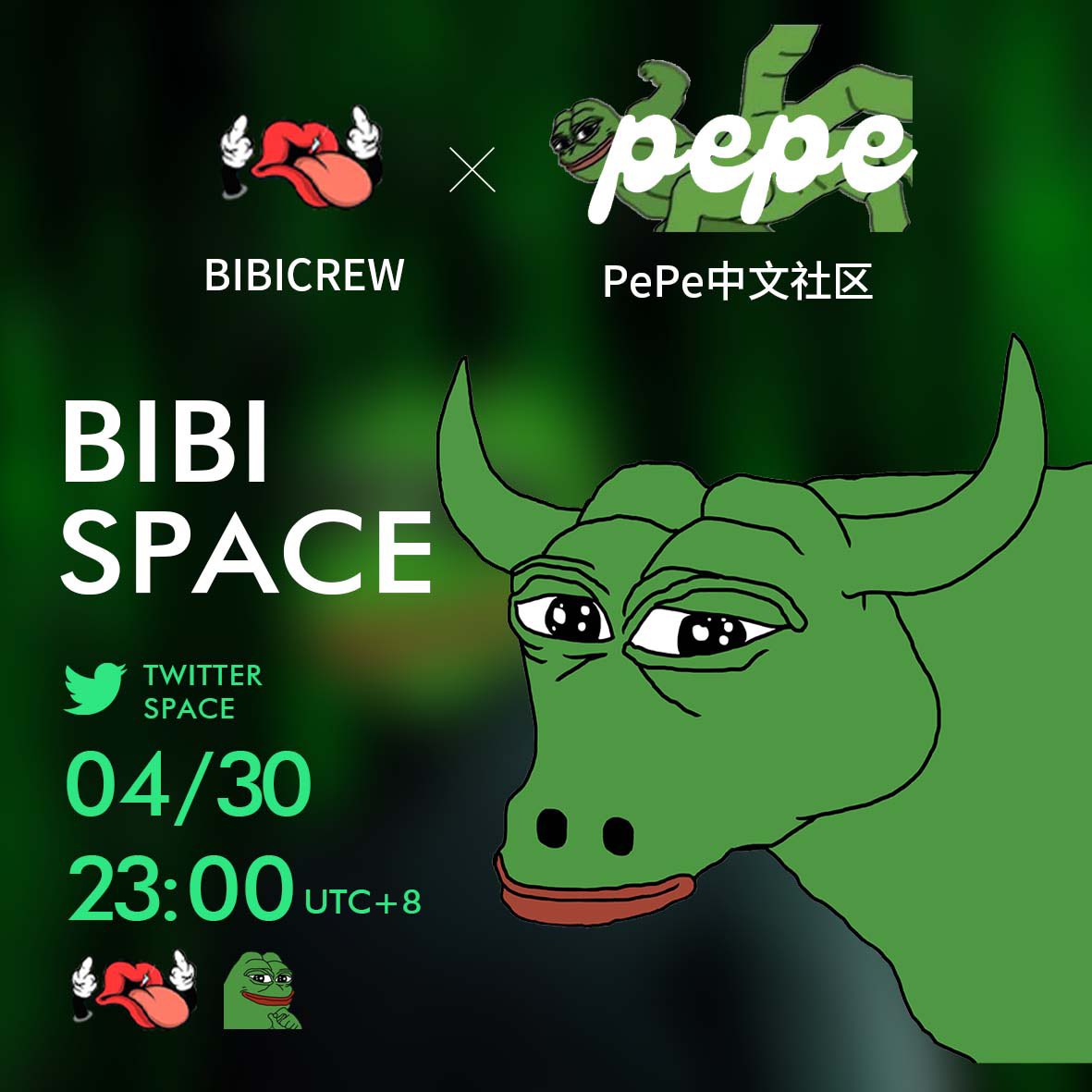 🎯 #BiBiSpace👅主题: 

$PEPE 市值超2亿美金 下一站将何去何从🐸🐸🐸🐸🐸🐸🐸🐸🐸🐸🐸🐸🐸🐸

⏰ 北京时间: 2023/04/30 周日晚23:00

🎙 主持人: <a href="/BiBiCrew_/">BiBiCrew</a> &amp; <a href="/pepecoincn/">pepe中文（🐸，🐸）</a> 

🎤 人人都是嘉宾: 流动麦-自由哔哔👅

🤩传送门👉：x.com/i/spaces/1ypKd…