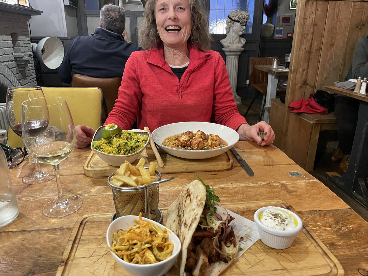 AnnDanielsGB's tweet photo. Pom and I are back on the coastal path. Sidmouth to Lyme Regis yesterday. The pack always feel heavy on the first day but itโs good to be back. We may be wild camping but a solid meal cooked by someone else is a great way to end the day. #swcoastalpath https://t.co/7Gzgh8fzIS