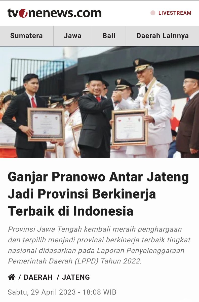 Prestasi mentereng kembali diterima Gubernur Jawa Tengah, Ganjar Pranowo. Pada akhir masa jabatannya sebagai gubernur, Ganjar berhasil menjadikan Jawa Tengah sebagai provinsi berkinerja terbaik secara nasional.