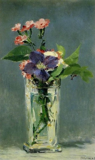 artinsociety's tweet photo. Manet died #OTD 1883. During his long final illness, he began painting the flowers that friends brought to his Paris sickroom. Here are some of his last works, his unpretentious last testament ~ Carnations &amp; Clematis in a Crystal Vase Bouquet ■ White Lilacs ■ (all 1882/3) https://t.co/iKy3Y7cs4I