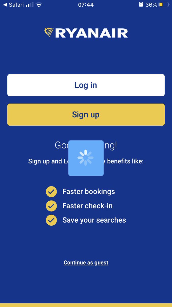 Niamhscello's tweet photo. @Ryanair your app isn’t working, frozen on sign-in. https://t.co/mUVAala85E