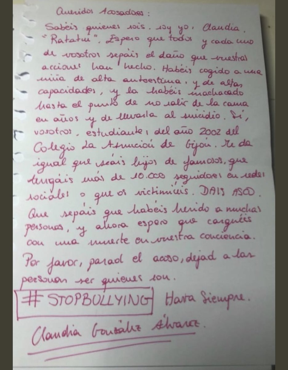 JMporKiraLopez's tweet photo. Los efectos del bullying a medio y largo plazo son brutales. Años después de no ir a clase, Claudia se suicida por el acoso recibido. Lo deja claro en su nota de despedida. Mientras la psicología clínica afirma que romper la autoestima podría inducir al suicidio la justicia española lo niega.  #ElAcosoEscolarMata @trencats