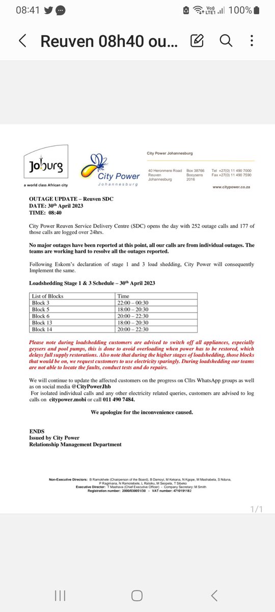 CityPowerJhb's tweet photo. #JoburgUpdates
#ReuvenUpdate
City Power Reuven SDC opens the day with 252 outage calls and 177 of those calls are logged over 24 hours ^KM https://t.co/YJohiFZXi2