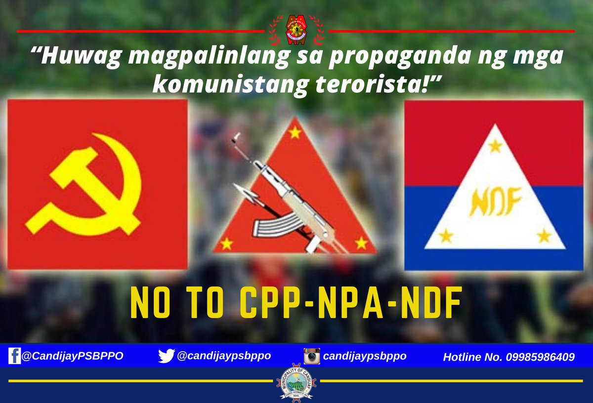 candijaypsbppo's tweet photo. STOP TERRORISM!
NO TO CPP-NPA-NDF!

#TeamPNPCandijay
#PNPKakampiMo
#StopTerrorism https://t.co/5f6q0MY1dA