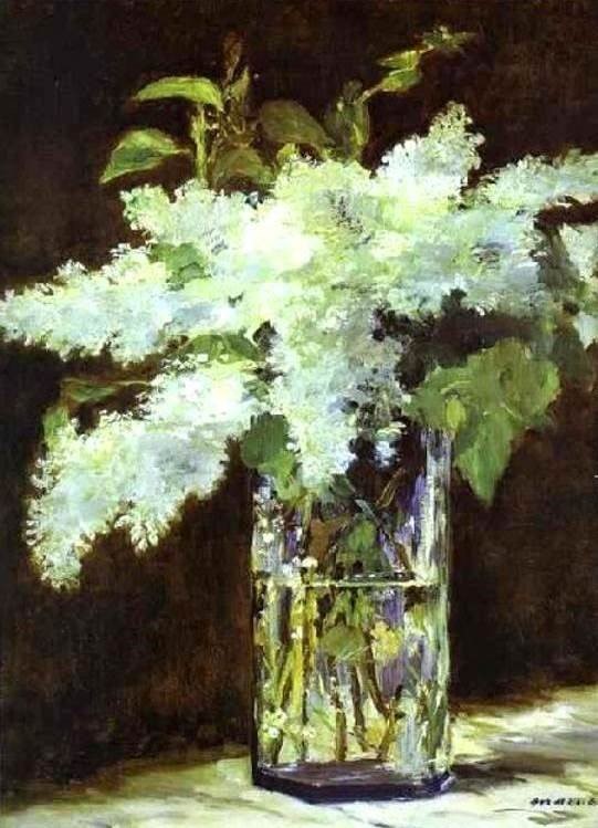 Manet died #OTD 1883. During his long final illness, he began painting the flowers that friends brought to his Paris sickroom. Here are some of his last works, his unpretentious last testament ~ Carnations &amp; Clematis in a Crystal Vase Bouquet ■ White Lilacs ■ (all 1882/3)