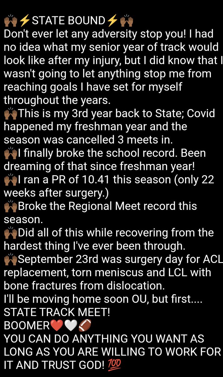 BraylonColgrove's tweet photo. 🥇STATE BOUND🥇
"I can overcome anything, giving up on myself is not an option!" 
#BoomerSooner 
#RBU
#thecomebackisgreaterthanthesetback
#blessed
#becauseofGod https://t.co/suI8EH0W4b
