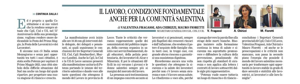 #30aprile Domani alla festa del #1maggio2023 saremo in piazza a #Potenza con una folta delegazione in partenza da #Lecce. Per rendere omaggio ai 75 anni della nostra #Costituzione e per una nuova stagione all'insegna del #lavoro #rilancio del #Mezzogiorno e delle #pariopportunità