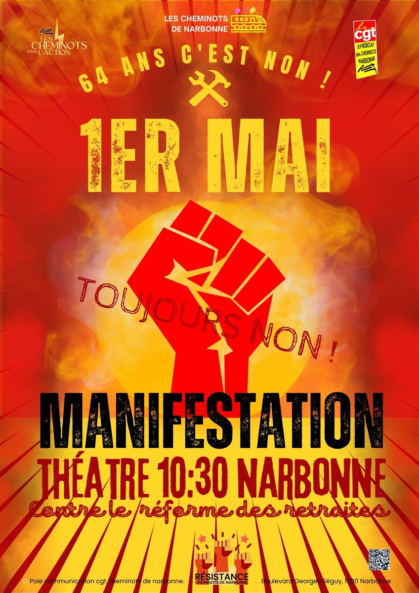 cgt_cheminotsna's tweet photo. #Manif1erMai #ReformesDesRetraites #64ansCestNon https://t.co/cSQB70UZNU
