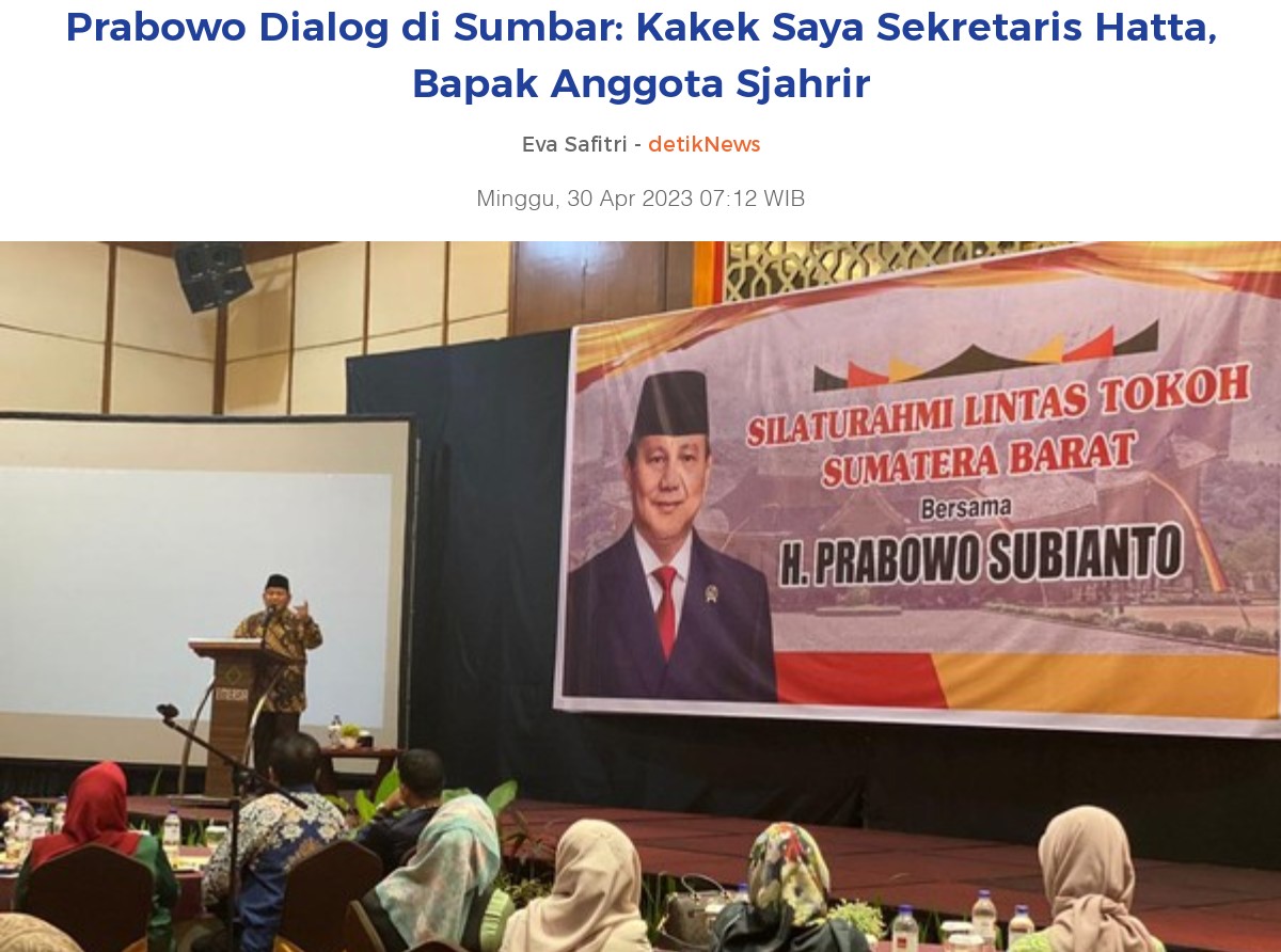 Alie_Fahnoor's tweet photo. Menteri Pertahanan Prabowo Subianto melakukan kunjungan kerja ke Sumatera Barat, salah satunya dialog dengan puluhan tokoh masyarakat. Di depan para tokoh itu, Prabowo mengaku memiliki hubungan khusus dengan Sumbar, sebab ikatan sejarah orang tuanya.
Dialog itu digelar di Hotel Emersia Batusangkar, Tanah Datar, Sumbar, Sabtu (29/4/2023) sore. Silaturahmi lintas tokoh ini disiapkan untuk Prabowo yang sedang menggelar sejumlah kegiatan di Sumbar selama dua hari.

"Terima kasih atas kesempatan yang diberikan kepada kami berkumpul dan berdialog dengan tokoh-tokoh masyarakat Sumbar. Semoga ini menjadi ajang silaturahmi yang bisa terus berlanjut. Terima kasih sudah mengorbankan waktu untuk menghadiri acara ini," kata Prabowo yang menyalami satu per satu tokoh yang hadir, berdasarkan keterangan tertulis, Minggu (30/4/2023).

Prabowo mengaku sangat berhubungan khusus dengan masyarakat Sumbar. Karena dalam sejarah Indonesia, orang tua dan keluarganya pernah berada di Sumbar. Pernah dalam satu perjuangan, di mana waktu itu juga memiliki suatu sikap dan visi terhadap kebangsaan.

"Yaitu, kita ingin Indonesia menjadi negara yang hidup di bawah alam keadilan, kemakmuran, demokrasi, bhinneka tunggal Ika," kata Ketua Umum Gerindra.

Prabowo mengatakan, perjuangan bersama keluarganya dulu adalah kembali ke UUD 1945 dan Pancasila. "Kita menolak ideologi asing, ideologi yang tidak berketuhanan. Kita mengalami pasang surut dan mengalami tonggak perubahan sejarah. Tapi kita tidak lupa bahwa kita pernah menghadapi ancaman. Hampir saja negara kita berubah falsafah dasar negara berdasarkan UU 45 dan Pancasila menjadi negara berideologi lain," katanya.

Prabowo kembali menyebut, tokoh-tokoh yang berasal dari Minangkabau sangat besar perannya dalam mendirikan Republik Indonesia, seperti Mohammad Hatta hingga Sutan Sjahrir. Prabowo mengaku sempat kenal dengan dengan keduanya.

"Siapa tak kenal Mohammad Hatta, Sutan Sjahrir, M Natsir dan lainnya. Kebetulan saya kenal dan sempat dekat dengan Hatta dan Sjahrir. Hampir tiap akhir pekan kami selalu bersama," katanya.

Prabowo menyebut kakeknya, Margono Djojohadikoesoemo pernah jadi sekretaris Mohammad Hatta, bahkan dipercaya sebagai pendiri bank pertama Indonesia, yaitu BNI. Prabowo menegaskan orang tuanya juga kenal dengan Sjahrir.