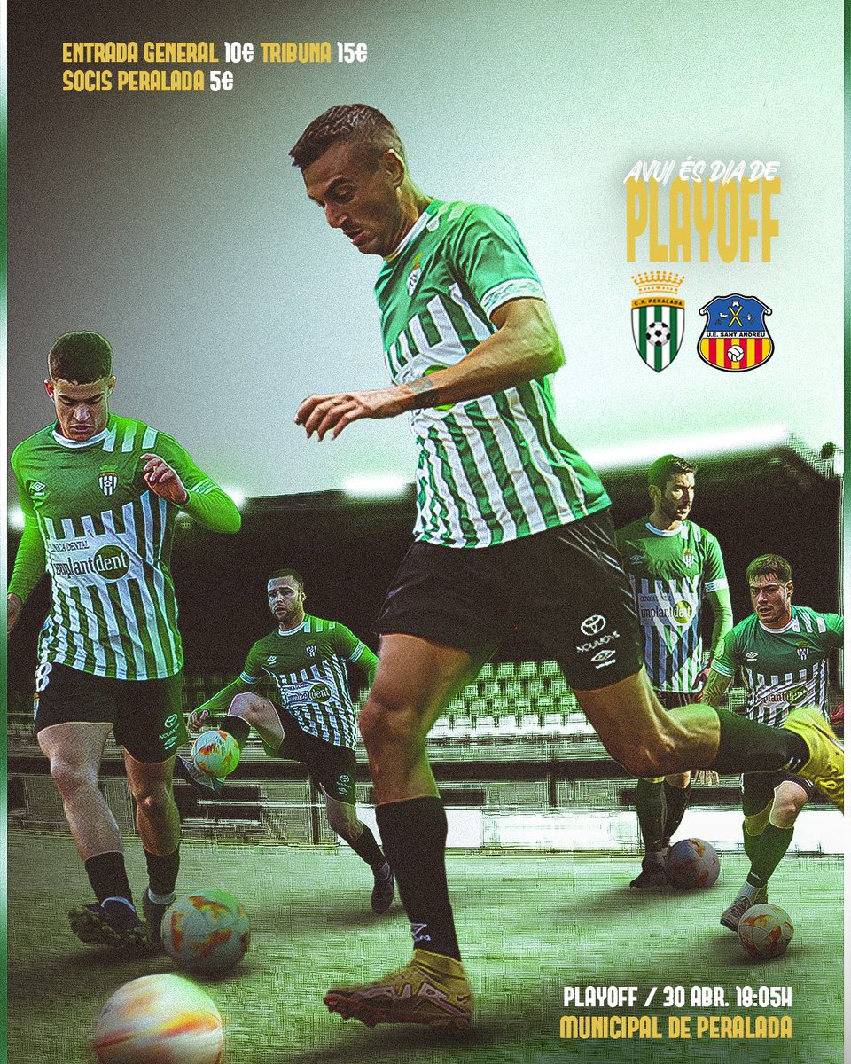 CF Peralada (@cfperalada) on Twitter photo Avui és 𝔻𝕀𝔸 𝔻𝔼 ℙ𝔸ℝ𝕋𝕀𝕋:
🏆 Anada PLAYOFF d’ascens a #2aRFEF
🏟 Municipal de Peralada
🕛 18:05h
🆚 <a href="/uesantandreu/">Unió Esportiva Sant Andreu</a>
🎟️ Socis Peralada/Familiars futbol base 5€
🎟 Entrada general 10€
🎫 Tribuna 15€
📺 <a href="/laxarxa/">La Xarxa</a> / <a href="/btvesports/">btv esports</a>
#somperalada 💚🤍 #PeraladaSantAndreu Avui és 𝔻𝕀𝔸 𝔻𝔼 ℙ𝔸ℝ𝕋𝕀𝕋:
🏆 Anada PLAYOFF d’ascens a #2aRFEF
🏟 Municipal de Peralada
🕛 18:05h
🆚 <a href="/uesantandreu/">Unió Esportiva Sant Andreu</a>
🎟️ Socis Peralada/Familiars futbol base 5€
🎟 Entrada general 10€
🎫 Tribuna 15€
📺 <a href="/laxarxa/">La Xarxa</a> / <a href="/btvesports/">btv esports</a>
#somperalada 💚🤍 #PeraladaSantAndreu