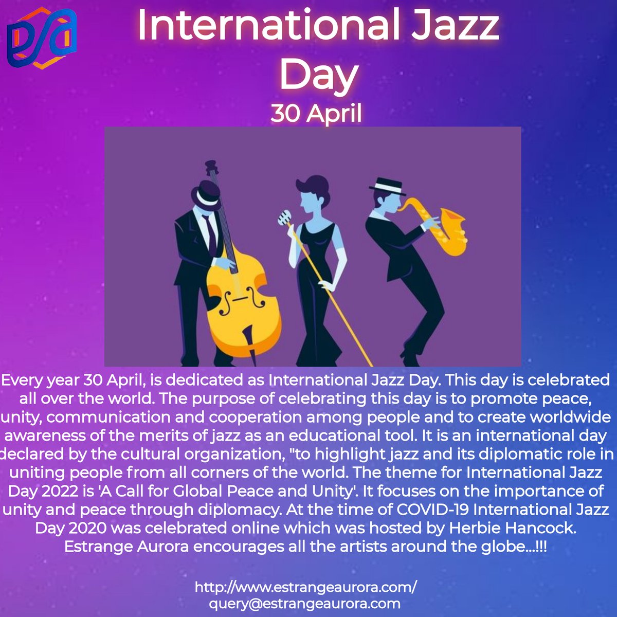 Happy International Jazz Day from Estrange Aurora.
#jazzday #jazz #internationaljazzday #jazzmusic #music #jazzmusician #musician #club #musicians #jazzimprovisation #livemusic #jazzsolo #jazzplayer #jazzmusicians #musicislife #jazztrumpet #jazzsinger #trumpetsolo #EstrangeAurora