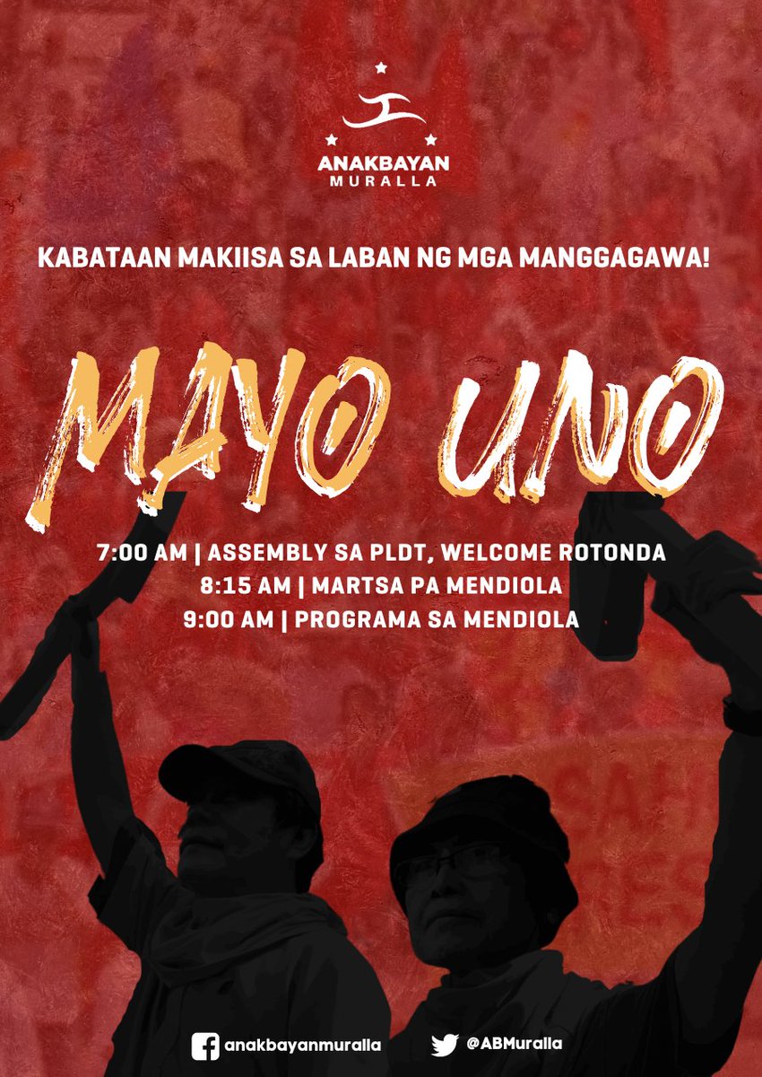 ABMuralla's tweet photo. ANG LABAN NG MGA MANGGAGAWA AY LABAN NG MGA KABATAAN! MGA MAKABAYANG KABATAAN, SUMAMA SA MAYO UNO!

Mga kabataan ng Intramuros at Muralla, makilahok kasama ng nagkaisang mga manggagawang tagapaglikha ng kasaysayan sa isang malawakang kilos-protesta bukas 

(1/n) https://t.co/xpXRFKQozd