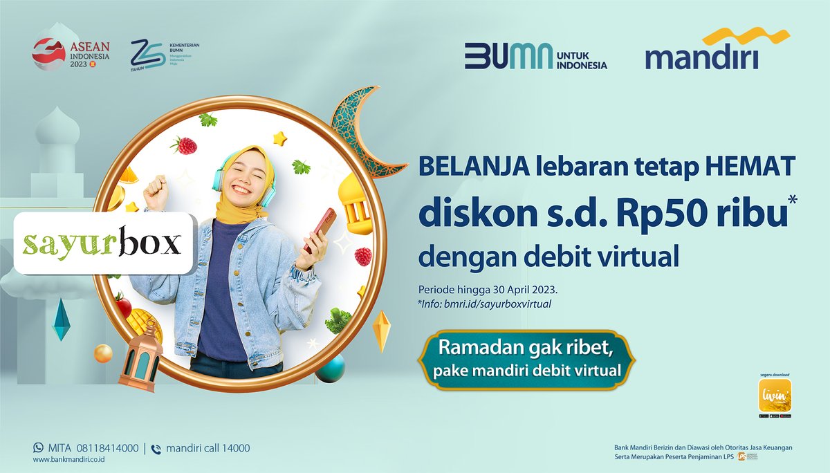 bankmandiri's tweet photo. BELANJA kebutuhan ramadan dan lebaran di Sayurbox lebih HEMAT dan sat set pake debit virtual!

Promo berlaku untuk transaksi di Sayurbox via Shopee hingga 30 April 2023. Info selengkapnya, kunjungi https://t.co/FcsqNNTCFH

#MandiriPromo #MandiriDebitVirtual https://t.co/rO4OPjOIDy