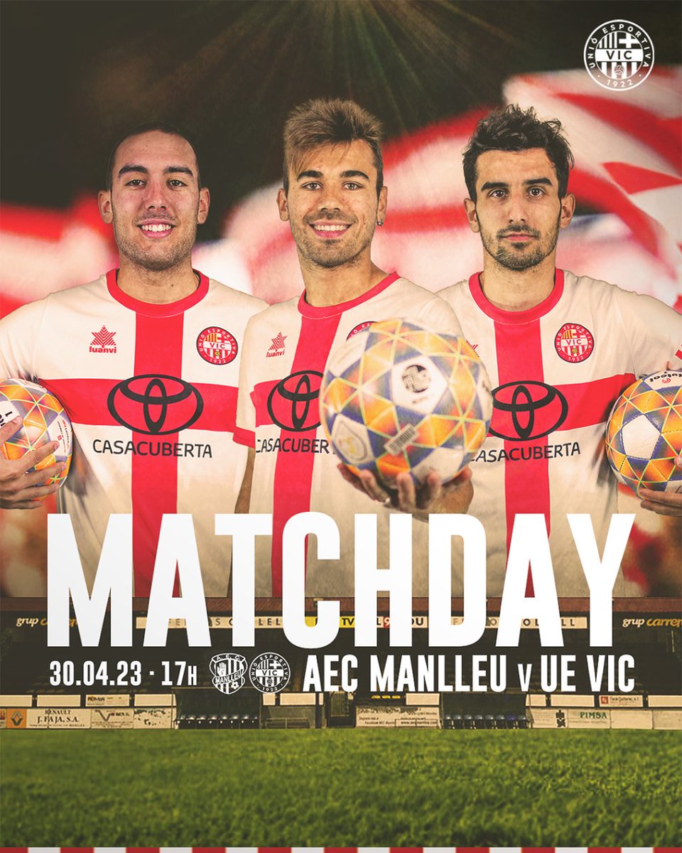 𝗗𝗶𝗮 𝗱𝗲 𝗗𝗘𝗥𝗕𝗜! ⚔️🔥

🆚 <a href="/AECManlleu/">AEC Manlleu</a>
🏟 Municipal de Manlleu
💥 #DerbiOsona

#SomUEVic 🔴⚪️
#1cat1 | #futbolcat