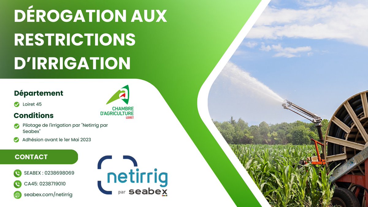 Seabex (@seabexonline) on Twitter photo ⏳👩🌾👨🌾 Aujourd'hui c'est le dernier jour à l'adhésion avant la deadline⏳
En utilisant #NetirrigParSeabex au pilotage de votre campagne d’#irrigation au #Loiret, vous pourriez demander une dérogation aux restrictions d’irrigation 💦
#CVL <a href="/chambagri45/">Chambre d'agriculture du Loiret</a> ⏳👩🌾👨🌾 Aujourd'hui c'est le dernier jour à l'adhésion avant la deadline⏳
En utilisant #NetirrigParSeabex au pilotage de votre campagne d’#irrigation au #Loiret, vous pourriez demander une dérogation aux restrictions d’irrigation 💦
#CVL <a href="/chambagri45/">Chambre d'agriculture du Loiret</a>