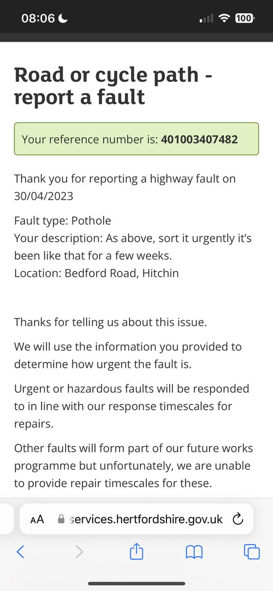 armk3445's tweet photo. @Herts_Highways many pot holes in the roads, it’s been bad as per attached reference number in Hitchin for weeks. Do you inspect? Looking at all the reports your not taking action. Why not?  It’s caused a puncture to my car which I will be recovering the costs from you. https://t.co/X4xAwxBpHM