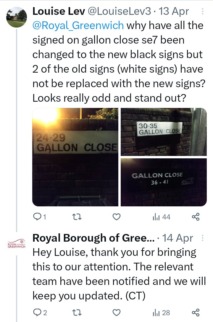 LouiseLev3's tweet photo. @Royal_Greenwich What was the update on getting these old signs replaced ? Thank you. https://t.co/m8VXvbwCMj