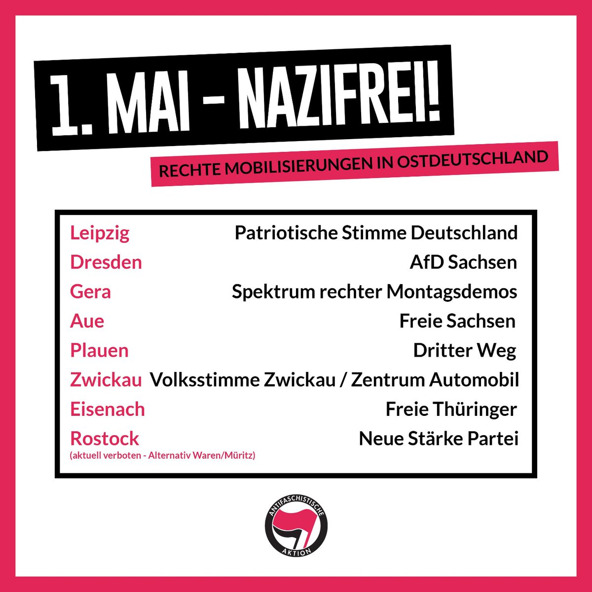 RassismusT's tweet photo. Am 1. Mai gibt es wie jedes Jahr viele rechte Aufmärsche, ob Leipzig #le0105, Gera #g0105, Zwickau #zw0105 oder Dresden #dd0105... beteiligt euch an den antifaschistischen Gegenprotesten.
Never let the fascists have the streets! https://t.co/SMtYUDLQSd