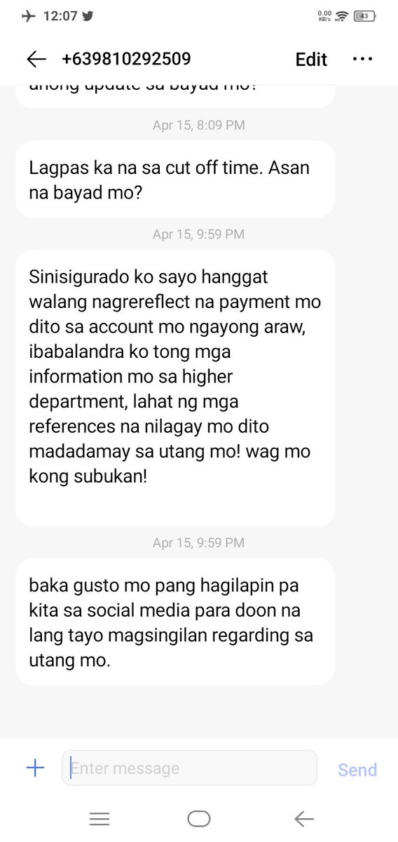 rhoan_go30's tweet photo. di makatarungang paniningil
help us SHUTDOWN ALL ABUSIVE ONLINE LENDING APPS 
@senatePH @SenGracePOE @IdolRaffyTulfo @ChelDiokno @WinGatchalian74 @Cynthia_Villar 
#FightOnlineLoanSharks #UOVM https://t.co/DQPSRz6LPJ