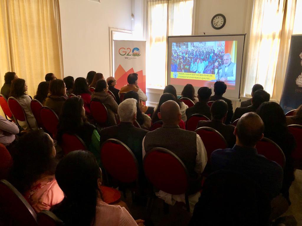 IndinNederlands's tweet photo. Members of the Indian community in Netherlands joined the historic 100th episode of Mann Ki Baat with Prime Minister Shri Narendra Modi at Embassy of India, The Hague @narendramodi @MEAIndia @DrSJaishankar #MannKiBaat100 https://t.co/wPfC5WGS5I