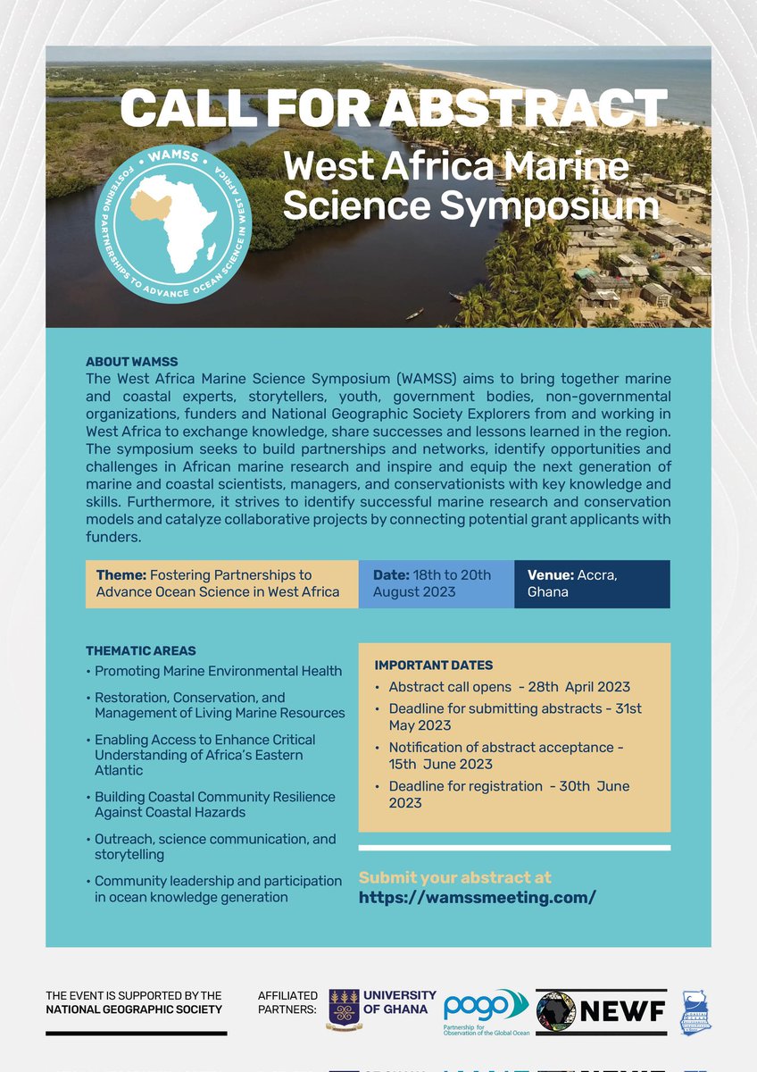 The call for abstract is out the maiden edition of West Africa Marine Science Symposium. Individuals and organizations working on marine science related projects in West Africa are encouraged to submit their abstracts.