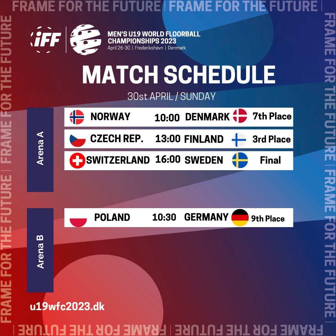 U19WFC's tweet photo. Results of Day 4 and the schedule of THE LAST DAY OF THE #U19WFC !! We will find a 7th place, a 9th place, bronze, silver and gold winners today! #frameforthefuture #floorball #SportEventDK #fairfloorball https://t.co/6C01r1Qdr1
