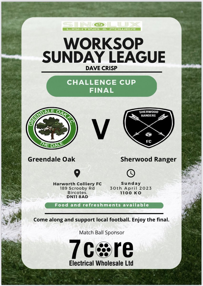 Worksop SundayLeague (@worksopsuleague) on Twitter photo ⚽️🏆 It's Challenge Cup Final Day🏆⚽️
🌳<a href="/GreendaleOakFC/">Greendale Oak FC</a> Vs 🏹<a href="/sherwood_fc/">Sherwood Rangers FC 🏹⚽</a>
⏰ 11 am
🏟️ Harworth Colliery DN11 8AD
🎫 £1 Entry
Please come & show your support
Good luck to both teams ⚽️🏆 It's Challenge Cup Final Day🏆⚽️
🌳<a href="/GreendaleOakFC/">Greendale Oak FC</a> Vs 🏹<a href="/sherwood_fc/">Sherwood Rangers FC 🏹⚽</a>
⏰ 11 am
🏟️ Harworth Colliery DN11 8AD
🎫 £1 Entry
Please come & show your support
Good luck to both teams