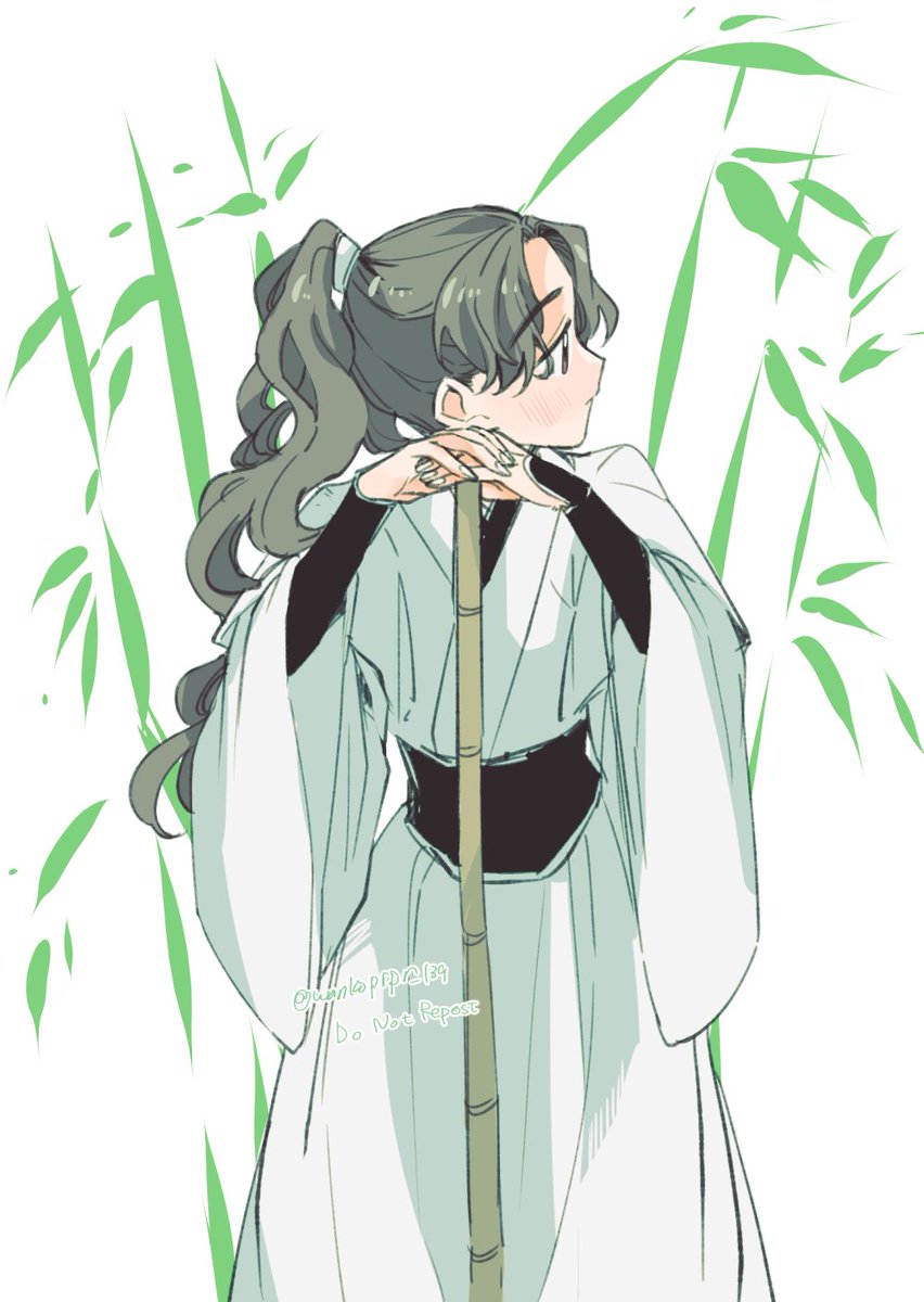 bamboo solo long hair ponytail 1boy male focus green hair  illustration images