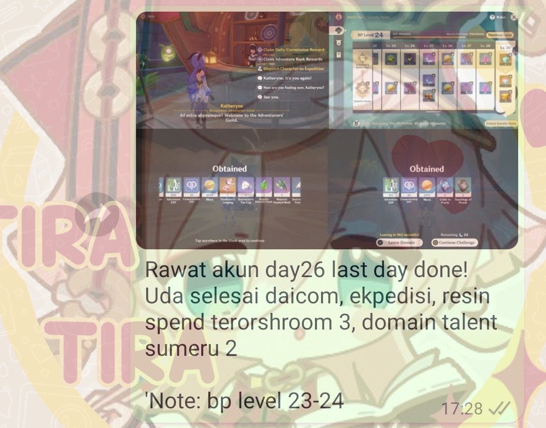 tira_misushi's tweet photo. ✨Day 26 || 29/04/2023

- Daily Commission 
- Expedition
- terorshroom 3
- domain talent sumeru 2

> Notes:
- BP Level 23➡️24 https://t.co/IdM2aXArdK