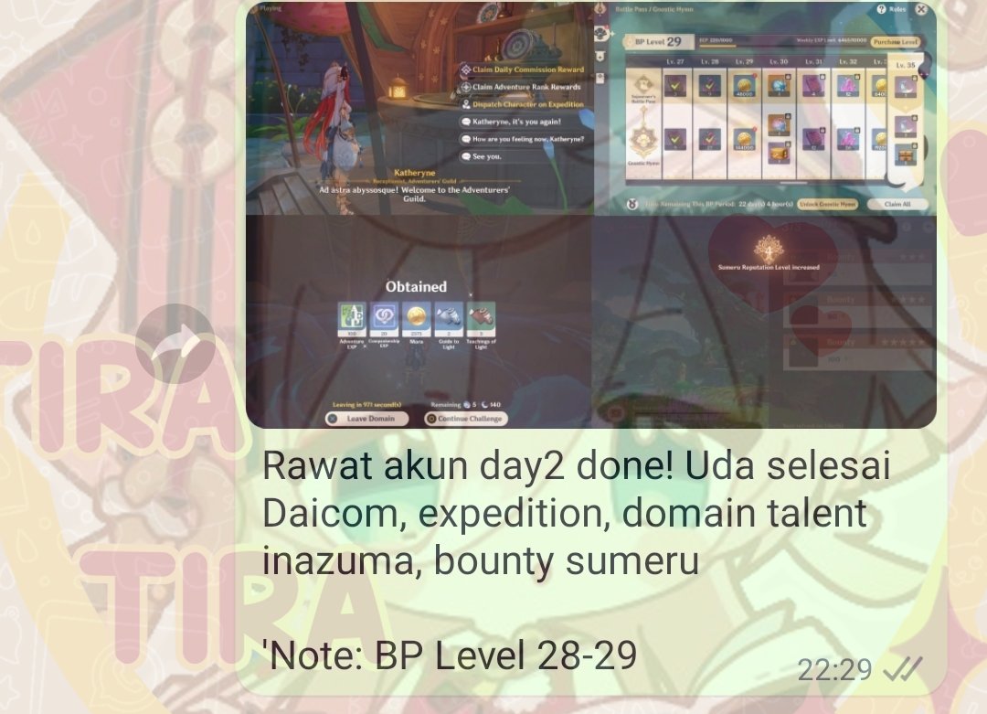 tira_misushi's tweet photo. ✨Day 2 || 29/04/2023

- Daily Commission 
- Expedition
- domain talent inazuma
- bounty sumeru

> Notes:
- BP Level 28➡️29
- sumeru reputation lv4 https://t.co/0vEuJ2LREH