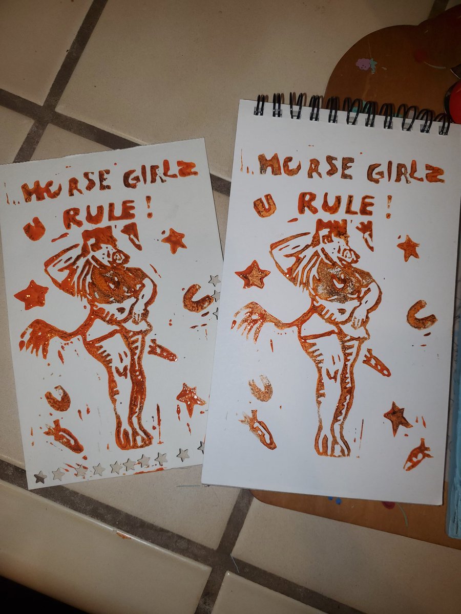 DudeTurnip's tweet photo. Horse girls just possessed me so I had to spread their message to the world #horsegirl #blockprinting #Stamp #trottogether #art #printmaking https://t.co/SKcw5njoFf