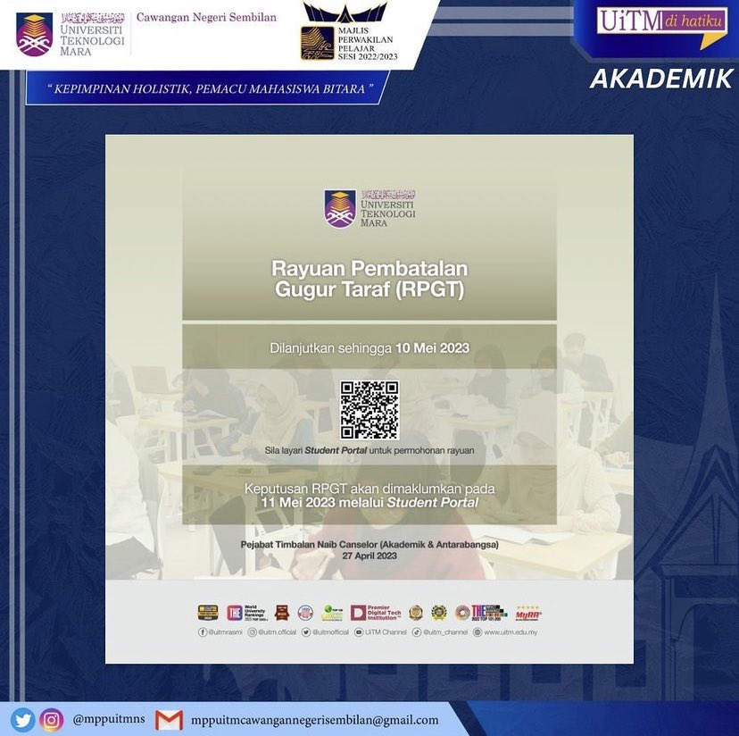 mppuitmns's tweet photo. Assalamualaikum wbt,
Salam Sejahtera, Salam UiTM DiHatiku, Salam Malaysia MADANI.
JUMAAT | 28 APRIL 2023 | AKADEMIK
PELANJUTAN TEMPOH RAYUAN PEMBATALAN GUGUR
TARAF (RPGT) https://t.co/DwKS1RKD0V
