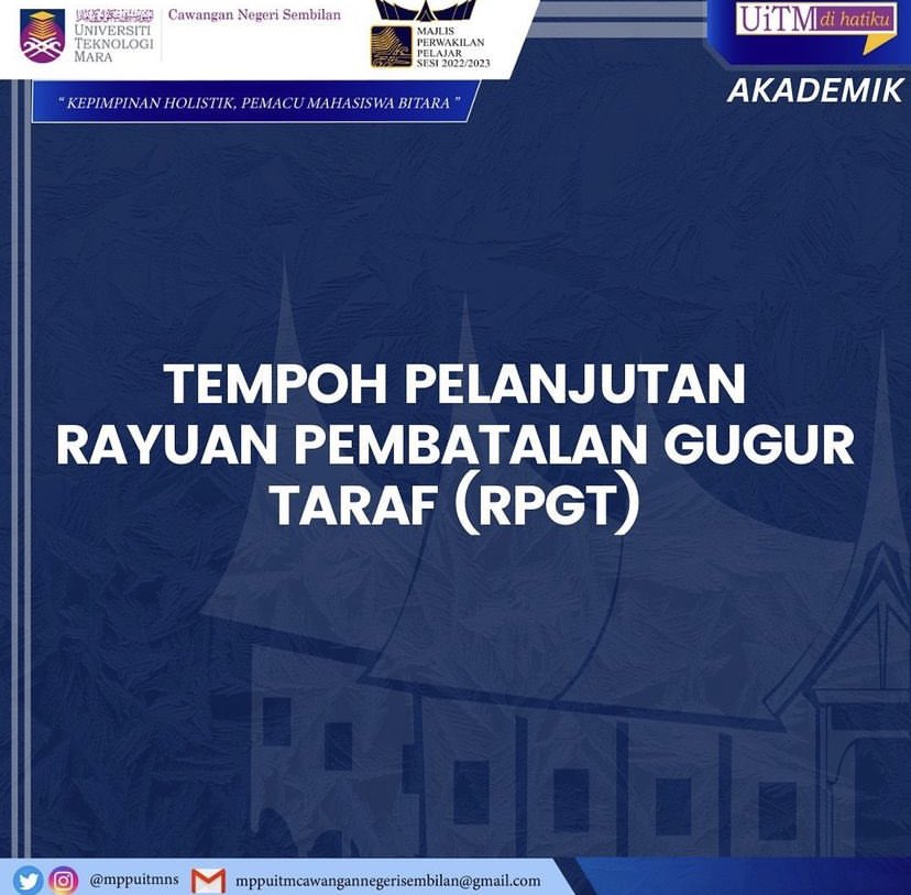 mppuitmns's tweet photo. Assalamualaikum wbt,
Salam Sejahtera, Salam UiTM DiHatiku, Salam Malaysia MADANI.
JUMAAT | 28 APRIL 2023 | AKADEMIK
PELANJUTAN TEMPOH RAYUAN PEMBATALAN GUGUR
TARAF (RPGT) https://t.co/DwKS1RKD0V