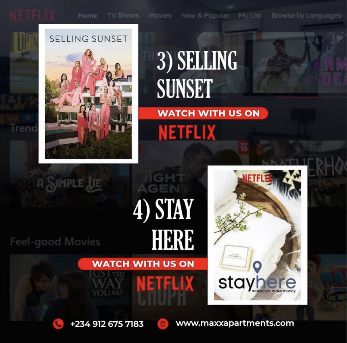 Here are real estate shows you might want to binge watch. For info on our short-lets, visit maxxapartments.com or call +2348023927991 #netflixshows #shortlethomes #shortletapartments #airbnb #ibadanlawa #ibadantwitter