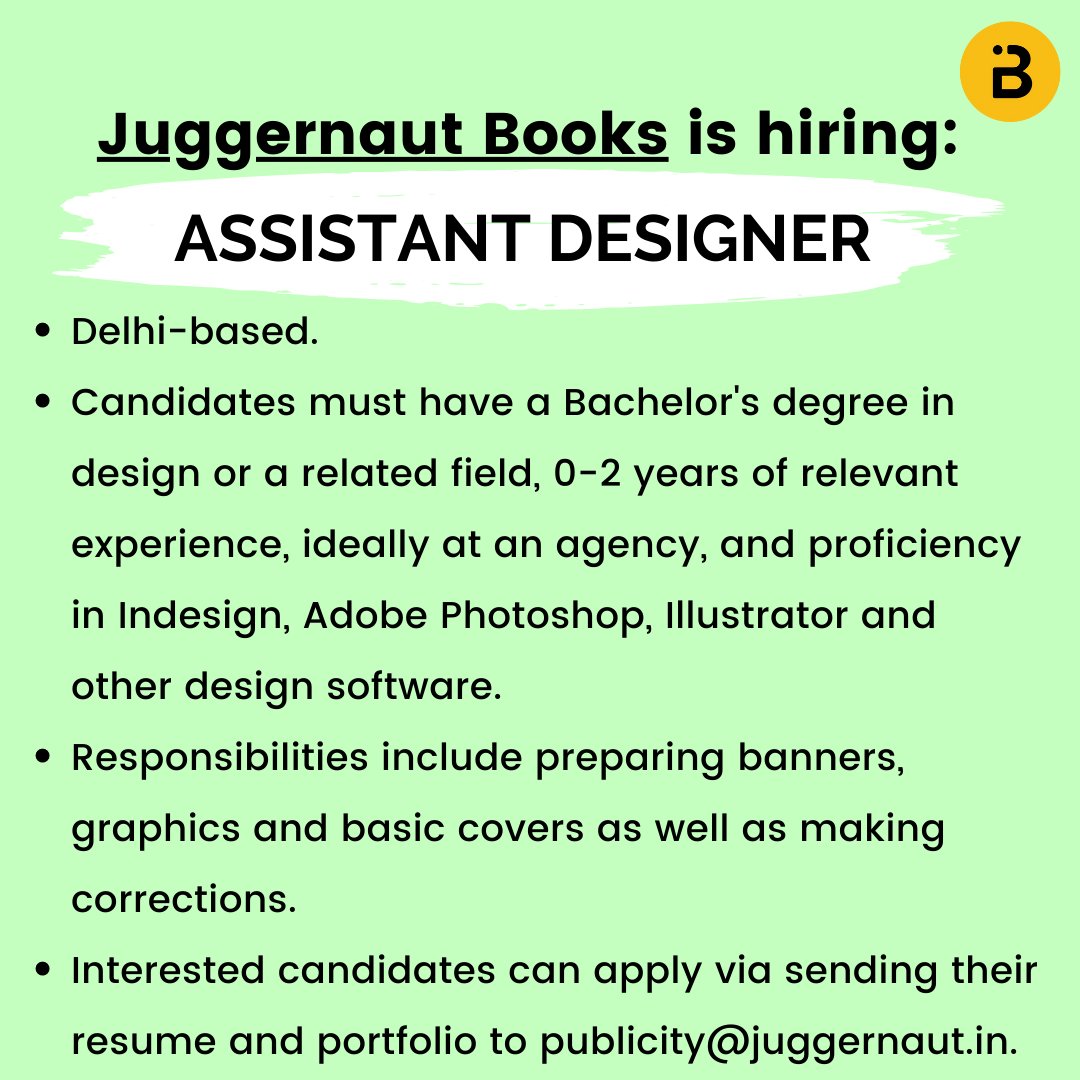 @trySUGAR @AlephBookCo - Ekank Technologies India is hiring a Story Writer (Culture & History)
- @Rupa_Books is hiring an Editorial Intern
- @PenguinIndia is hiring a Senior Designer
- @juggernautbooks is hiring an Assistant Designer

(2/2)