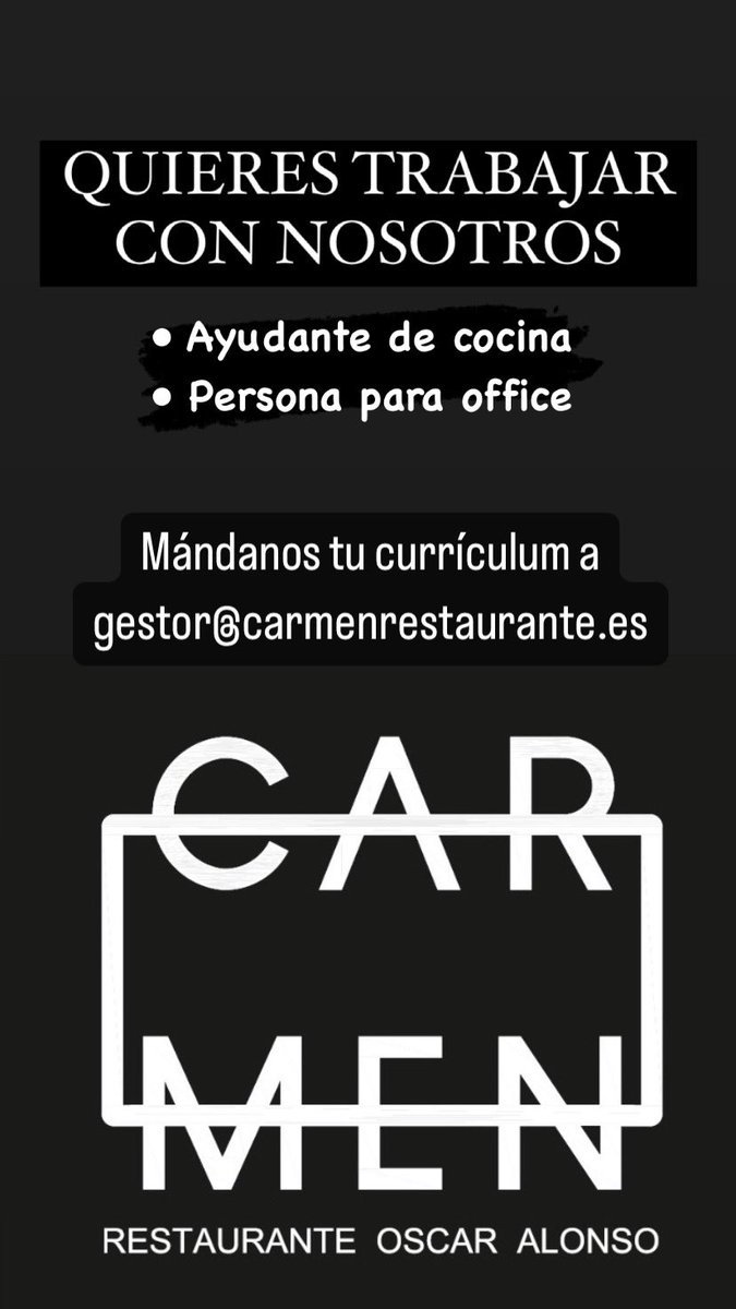 Quieres trabajar con nosotros, mándanos tu currículum !!!
gestor@carmenrestaurante.es
#trabajo #trabajoburgos #hosteleria #ayudantedecocina #burgos #castillayleon #empleo #ofertadetrabajo