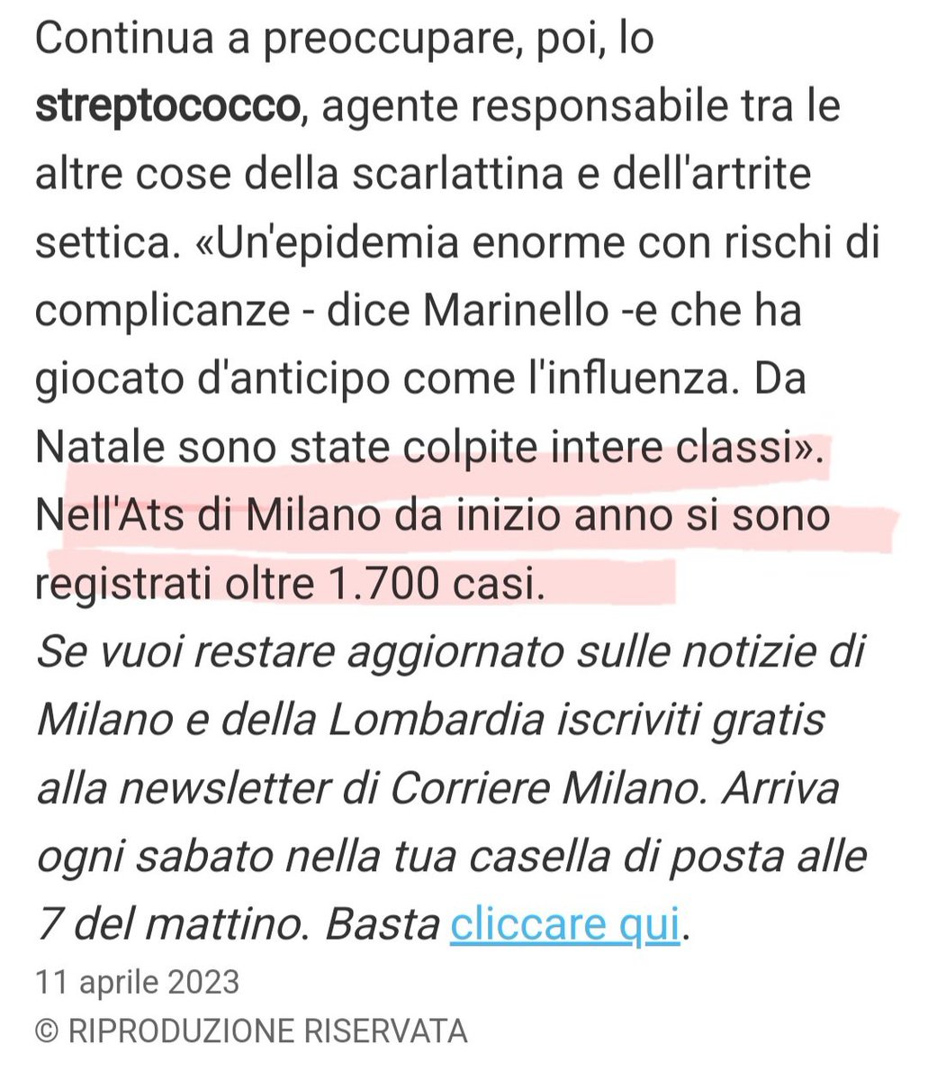 <a href="/Ecole_Oubliee/">Ecole et Familles Oubliées 🐝</a> Milano: nel solo mese di gennaio 2023 sono stati segnalati oltre 200 casi di scarlattina
In tutto il 2022 erano stati 264
e nel 2021 meno di 130
Da gennaio 2023 a metà aprile all'ats Milano sono stati segnalati 1700🤦‍♀️ casi di scarlattina fanpage.it/milano/almeno-…