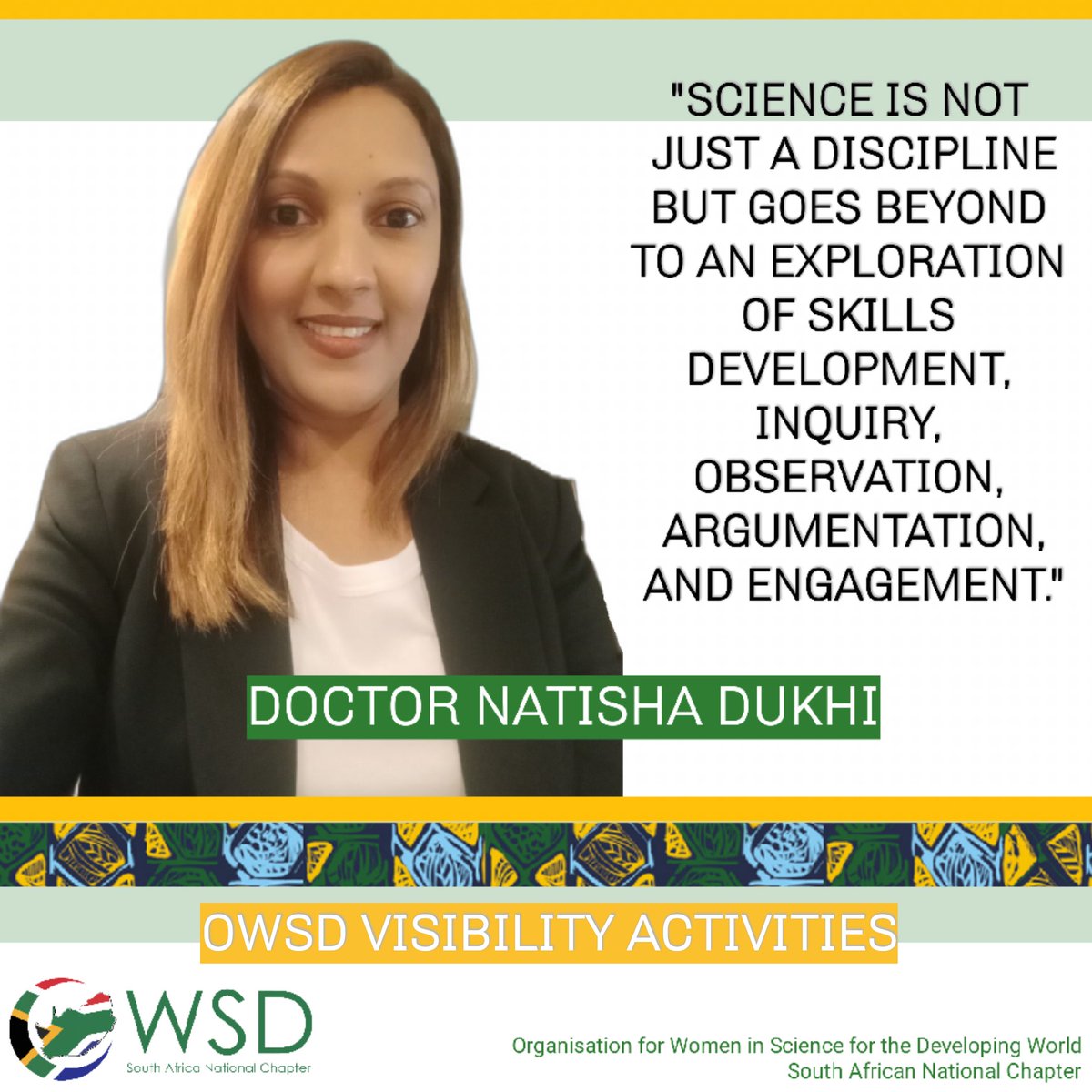 owsd_sanc's tweet photo. #EXCOSERIES 📣 Introducing Dr. Natisha Dukhi, our OWSD SANC EXCO member in charge of all OWSD visibility activities.
Dr Dukhi is a NRF Y2 rated scientist & Senior Research Specialist at @HSRCza. She is a qualified Medical Scientist and completed a PhD (Public Health) from @UKZN https://t.co/z56gSjhPew