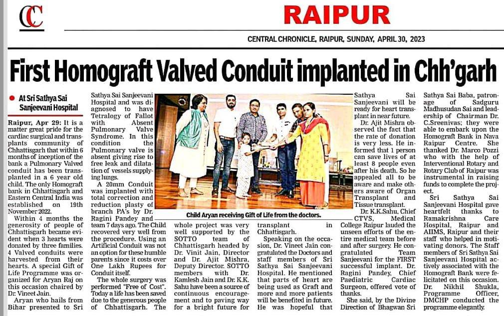 SaiSanjeevani's tweet photo. First Homograft Valved Conduit implanted in state of Chhattisgarh at #SriSathyaSaisanjeevani in #Raipur with all services provided totally free.  
The centre hosts Chhattisgarh and Central India's first Homograft Bank. @TS_SinghDeo @HealthCgGov @bhupeshbaghel @CentralChronic1 https://t.co/JiJR7WoSJa