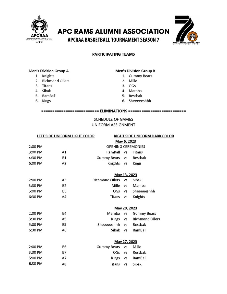 apcraabball's tweet photo. Here is the official elimination round schedule of the APCRAA Basketball Tournament Season 7 https://t.co/xreYOIAU4A