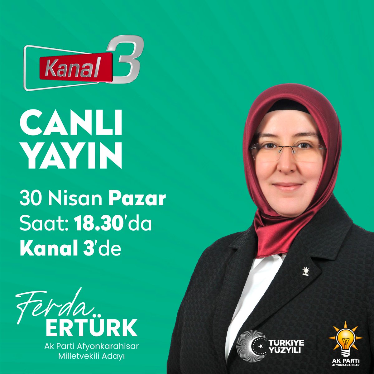 Av_FerdaErturk's tweet photo. Bu akşam 18.30'da @kanal3haber canlı yayınında olacağız. Afyonumuz için yaptıklarımızı yapacaklarımızı ve şehrimizin taleplerini konuşacağız. https://t.co/pLZsdogOor