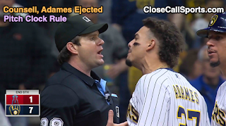 CloseCallSports's tweet image. HP Umpire Adam Beck ejected Brewers manager Craig Counsell and SS Willy Adames (time out request/Scherzer rule no-call and automatic strike [pitch clock violation]; QOCY) in the bottom of the 6th inning of the #Angels-#Brewers game. With two out and none… ift.tt/SZRL6cH