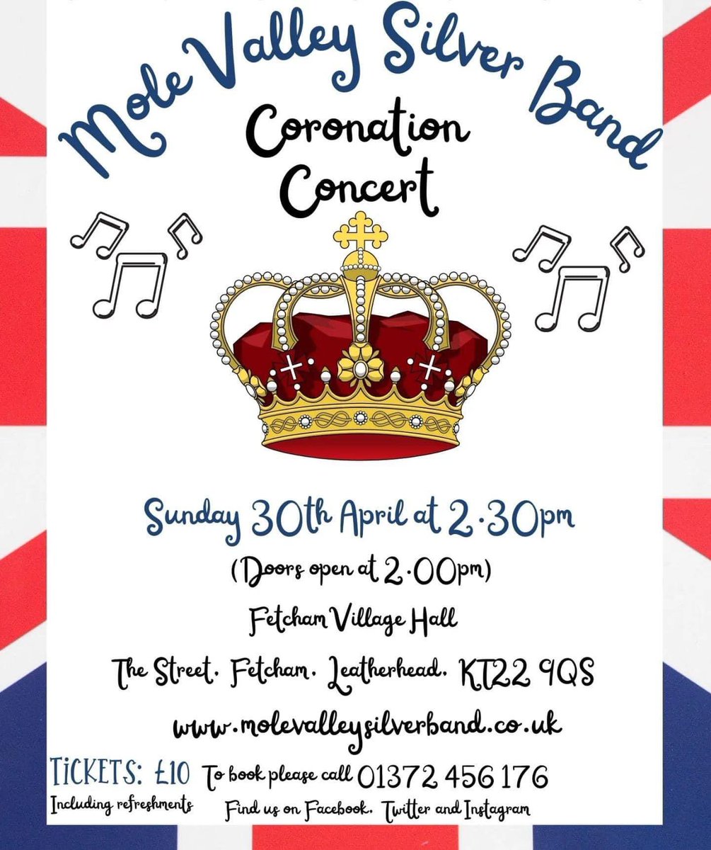 MoleVSBand's tweet photo. Join us this afternoon! 🎺 🎶 👑 #brassband #Coronation #concert #molevalley #MVSB #Leatherhead #Fetcham #molevalleysilverband https://t.co/SJ2ekKnVt1