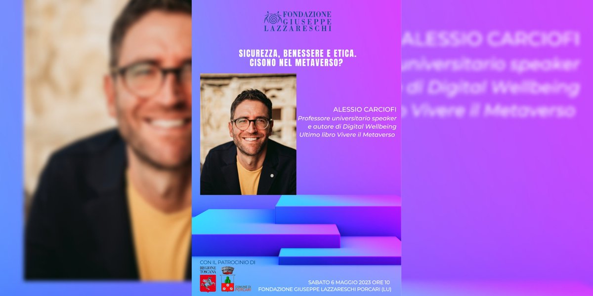 FGLazzareschi's tweet photo. Vi aspettiamo al TED dedicato al #metaverso . Il Prof. Alessio Carciofi sarà  con noi e ci parlerà del digital #Wellbeing . 
Ti aspettiamo Sabato 6 Maggio ore 10, presso Fondazione Lazzareschi di Porcari (LU)
#metaverso #gaming #Wellbeing #fondazionelazzareschi #alessiocarciofi https://t.co/l9e8Wckaw0