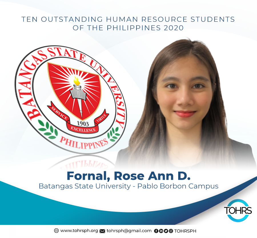 tohrsph's tweet photo. Rose Ann Dimacali Fornal - Batangas State University - Pablo Borbon Campus

#TOHRS2020 #HREAP https://t.co/m4L3JNA6bZ
