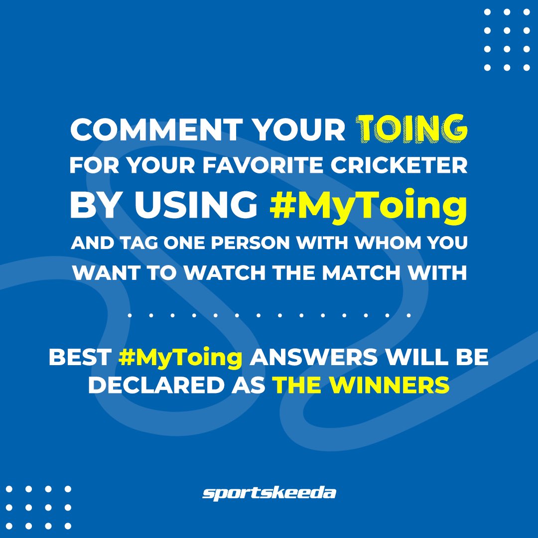 Sportskeeda's tweet photo. 🎉 CONTEST ALERT 🎉
We’re excited to announce @SportobyMacho presents #MyToing contest where you can win free match tickets & a complete match day experience with the SK Squad
Best #MyToing answers will be declared as the winners
#CricketTwitter #YehTohBadaToingHai #StayToing https://t.co/Eeub6aAFSE