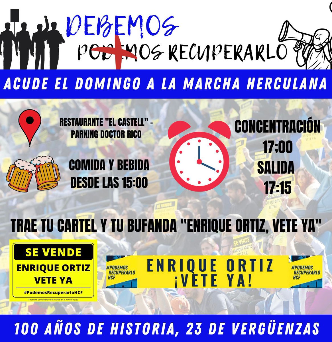 👋 Buenos días herculanos, hoy tenemos un dia importante 💙🤍

15:00h Quedada herculana con comida y bebida
17:00 Salida de la concentración desde el Parking Dr Rico 
17:25 Concentración en Puerta 0
18:00 Hércules CF ‐ UD Alzira

Recuperemos lo que es nuestro 💪