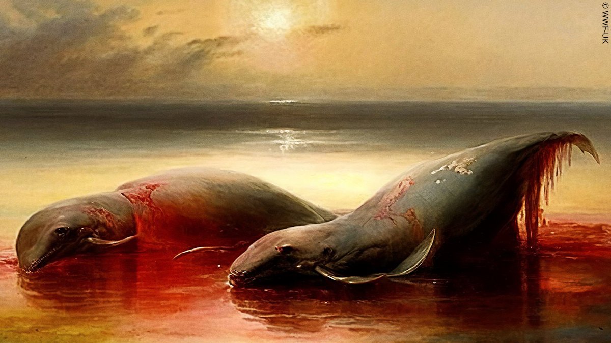 Painting created by AI imagining the UK waters in 2023 if marine wildlife is continuously trapped by fishing gear. Image shows two porpoises who have drowned on the water's edge after being caught in fishing nets and bled out. 